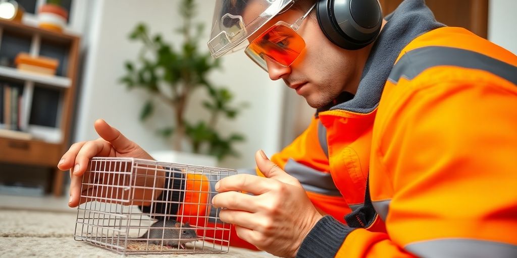 A pest control technician inspecting a rodent trap indoor